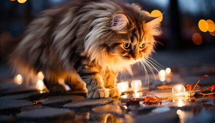 Canvas Print - Cute kitten sitting by candlelight, enjoying cozy winter celebration generated by AI