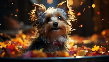 Canvas Print - Cute puppy sitting on table, looking at camera in autumn generated by AI