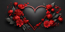 Black Heart With Flowers, Red Line, Black Background, Ai Generated