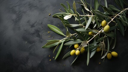 fresh olive branch with green olives on a dark background