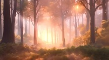 Morning In The Warm Orange Forest With Shining Sun Rays Digital Art Painting Motion Footage Background Wallpaper