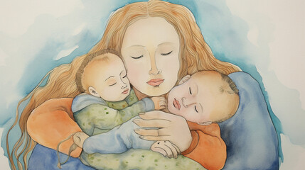 Wall Mural - concept of mother and child love bonding, neutral pastel theme of colors, happy mothers day, greeting cards 