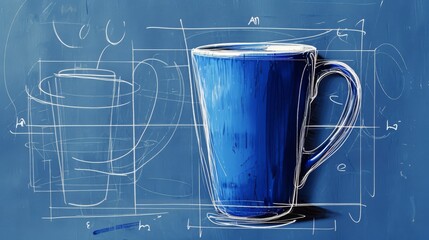 Wall Mural - on blue paper technical diagram of the mug 