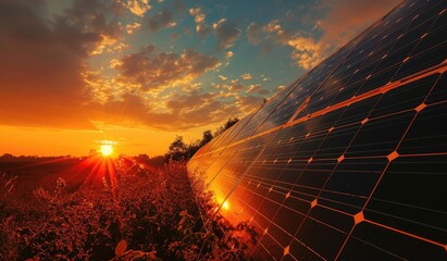 Solar panels in a field at sunset reflecting golden sunlight, symbolizing renewable energy, sustainable technology, clean power generation, and environmental sustainability in modern solar farms