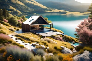 Wall Mural - landscape with lake and house