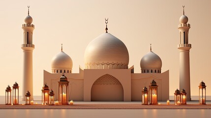 Poster - an eid mosque with little lanterns in the background, in the style of light bronze and light beige