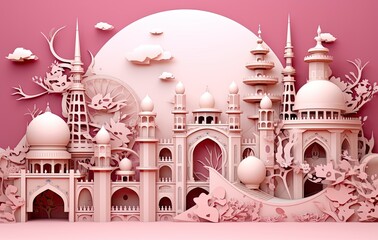 Wall Mural - muslim holiday celebrations ramadan and, in the style of paper sculptures, dark brown and white, futuristic architecture