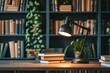 Modern desk setup with lamp and books against a blurred library backdrop. Education and reading concept. 3D Rendering