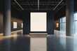 Modern empty gallery room interior with white mock up banner on illuminated dark wall. 3D Rendering.