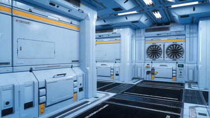 Wall Mural - Interior corridor of a futuristic cyberpunk industrial building. 3D illustration.