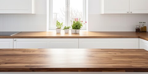 Wall Mural - White kitchen with wooden countertops.