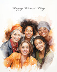 Wall Mural - Multigenerational and multiracial women celebrating friendship and unity. Women's day concept in watercolor style greeting card