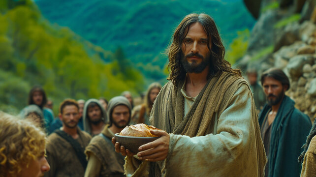 jesus christ gives bread to poor people, kindness and selflessness, central figure in christianity, 