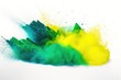 Colorful brazilian flag green yellow blue color holi paint powder explosion on white background. With copy space for advertiser