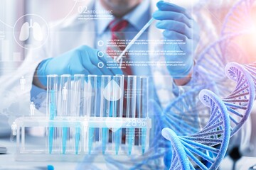 Poster - chemistry science experiment in a modern laboratory.