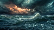 A Storm Rages Across The Ocean, A Vivid Portrayal Of A Natural Disaster.