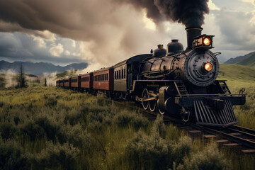 a steam engine train traveling through a rural landscape