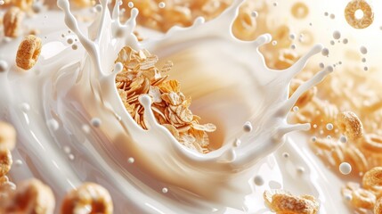 Wall Mural - Cereals, granola or muesli breakfast with milk splashes. Breakfast food background