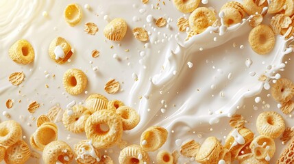 Wall Mural - Cereals, granola or muesli breakfast with milk splashes. Breakfast food background