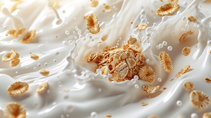 Sticker - Cereals, granola or muesli breakfast with milk splashes. Breakfast food background