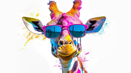 giraffe in sunglasses, art summer animal illustration on white background