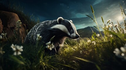 Wall Mural - Moonlit Meadow Exploration: Curious Badger Foraging for Food Under the Silver Glow - AI-Generative