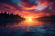 A bright, colorful sunrise over a calm lake