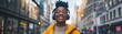 Portrait of a black teenage female smiling while wearing wireless headphones against city streets background, generative AI, background image