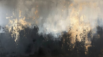 Wall Mural - Dark abstract painting in black and silver with gold accents, modern decoration, contemporary art