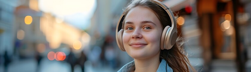 Wall Mural - Portrait of a white teenage female smiling while wearing wireless headphones against city streets background, generative AI, background image