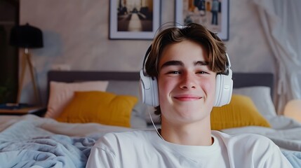 Wall Mural - Portrait of a white teenage male smiling while wearing wireless headphones against his bedroom background, generative AI, background image