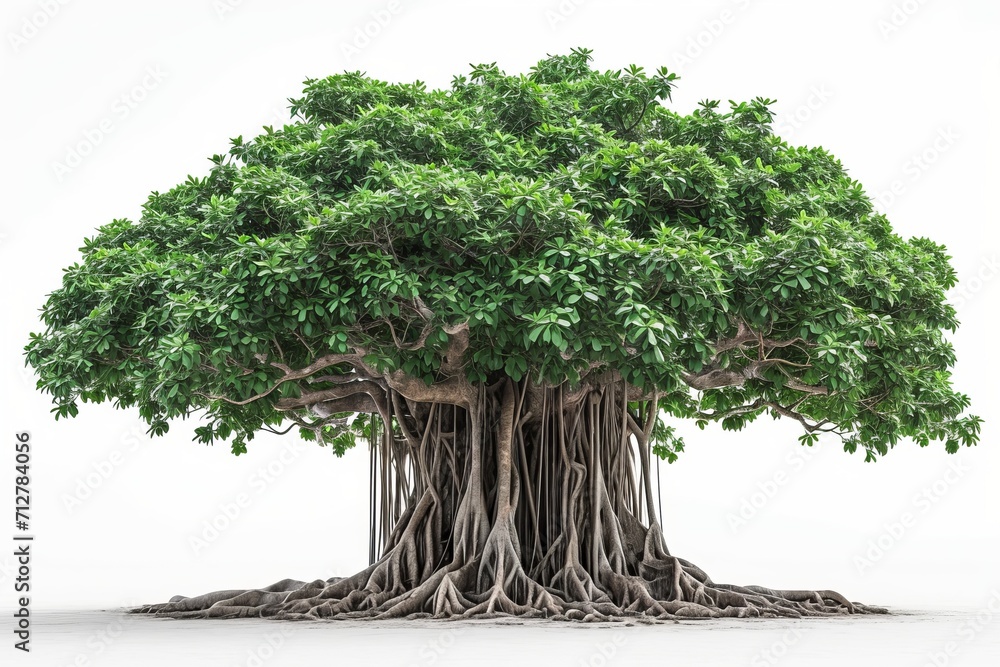 Charming banyan tree with prominent aerial roots isolated on a crisp ...