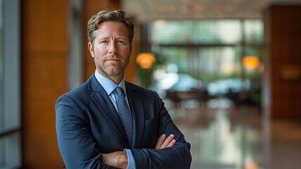 Happy mature business man looking at camera with satisfaction at office. Single confident and handsome male businessman in blue suit and necktie with grin leaning on window outdoors