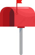 Red mailbox with raised flag indicating outgoing mail. Cartoon style closed mailbox on a stand. Communication and postal service vector illustration.