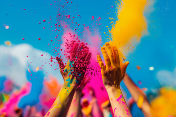 hands with holi powder for Hindu spring festival of colours