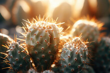 A Close-up Of A Prickly Cactus With Its Spines Glistening In The Sunlight