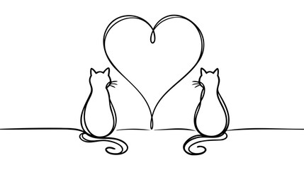 One line continuous cats and heart symbol. Line art love banner concept. Hand drawn, outline vector illustration