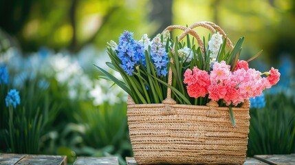 Poster - Beautiful straw bag with seasonal flowers of hyacinth and carnation blossom