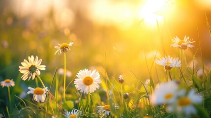 Sticker - Beautiful summer natural background with yellow white flowers daisies, clovers and dandelions in grass against of dawn morning