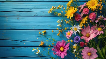 Wall Mural - Garden flowers over blue wooden table background. Backdrop with copy space