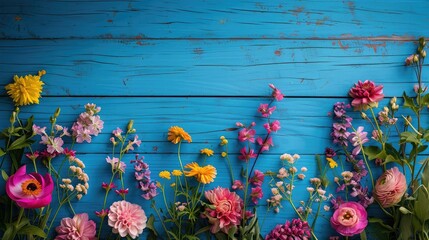 Wall Mural - Garden flowers over blue wooden table background. Backdrop with copy space