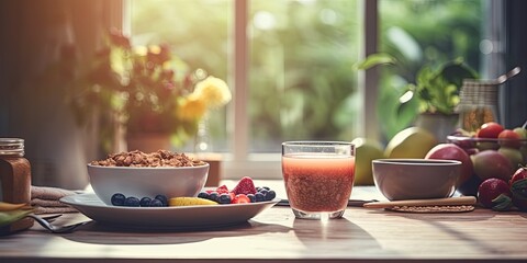 Morning lifestyle with healthy cooking and eating, coffee and food set on kitchen table background.