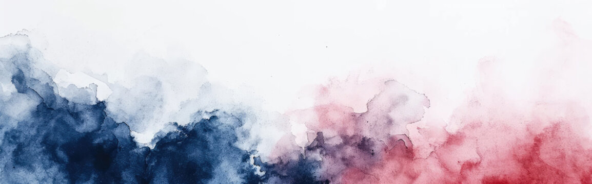Watercolor abstract background on white canvas with dynamic mix of dark red and dark blue colors, banner, panorama