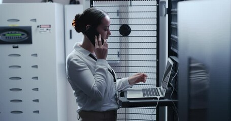 Sticker - Server room, woman and laptop with phone call, internet and communication with network, programmer and code. Person, employee and worker with a smartphone, connection and engineer in a workplace