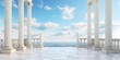 showcasing ancient Greek architecture with marble pillars and a blue sky backdrop.
