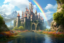 A Magical Castle Surrounded By A Moat With A Rainbow Bridge Leading To It