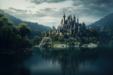 A Mystical Lake With A Castle In The Background, With A Magical Atmosphere