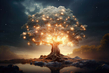 Wall Mural - a magical tree in a foggy landscape, with a bright light illuminating it