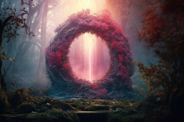 Wall Mural - a magical portal in a forest, with a bright light coming from inside and colorful mist surrounding i