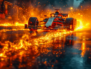 Wall Mural - A burning Formula 1 car on a race track. Formula 1 on fire.